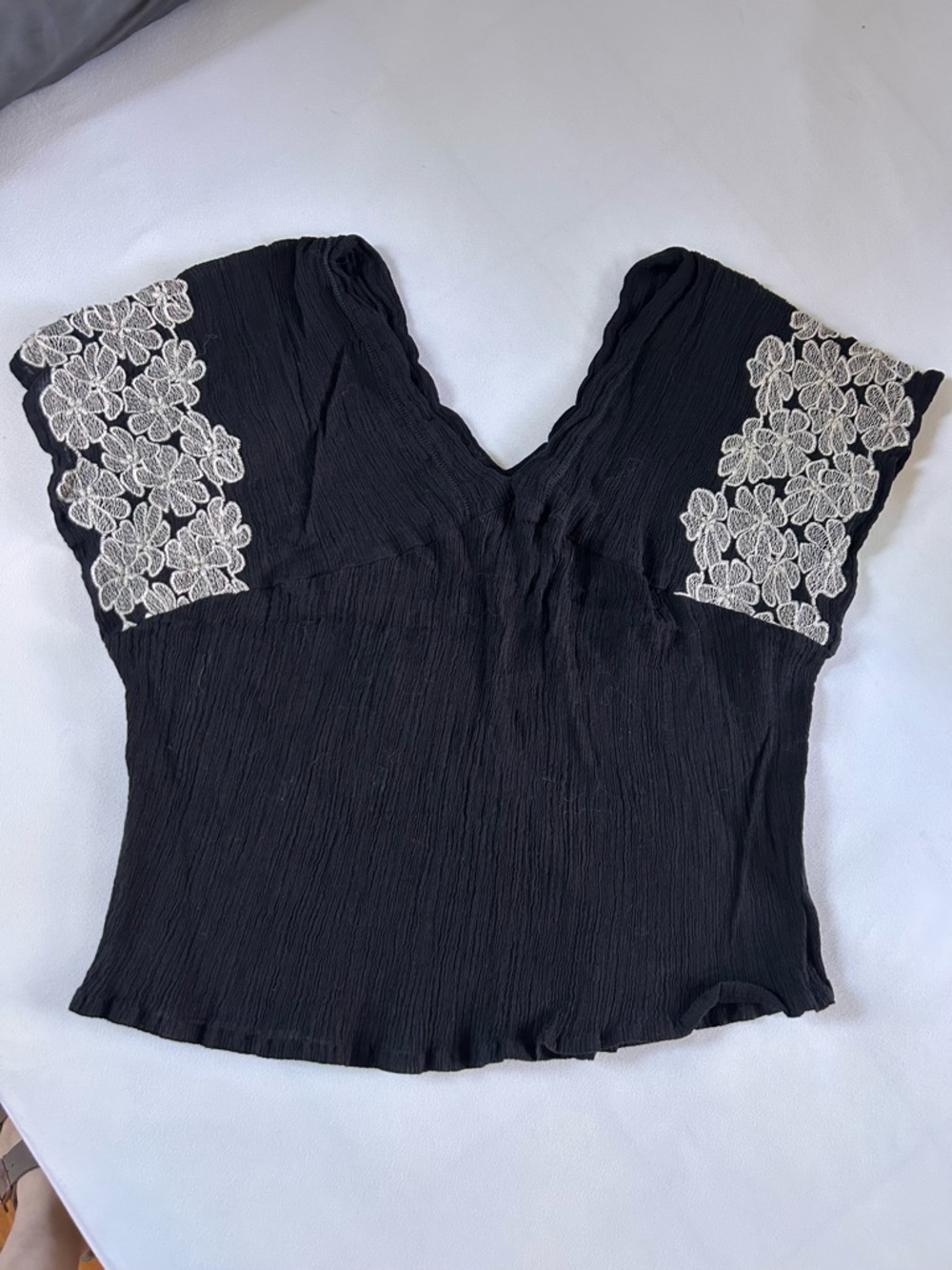 Cost Plus World Market Black V-Neck Top with Cream Floral Lace Sleeves
